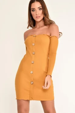 Rebellious Fashion Mustard Rib Bardot Button Down Mini Dress - Janora