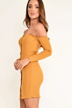 Rebellious Fashion Mustard Rib Bardot Button Down Mini Dress - Janora
