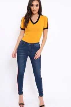 Rebellious Fashion Mustard Ribbed Bodysuit with Contrast Trim - Libi