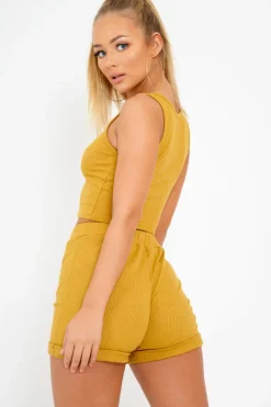 Rebellious Fashion Mustard Ribbed Button Top And Shorts Co-ord - Kenidi
