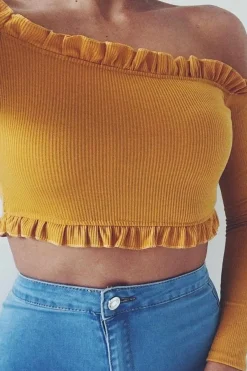Rebellious Fashion Mustard Ribbed Frill Bardot Crop Top - Cassidy