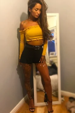 Rebellious Fashion Mustard Ribbed Frill Bardot Crop Top - Cassidy