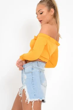 Rebellious Fashion Mustard Ribbed Frill Bardot Crop Top - Cassidy