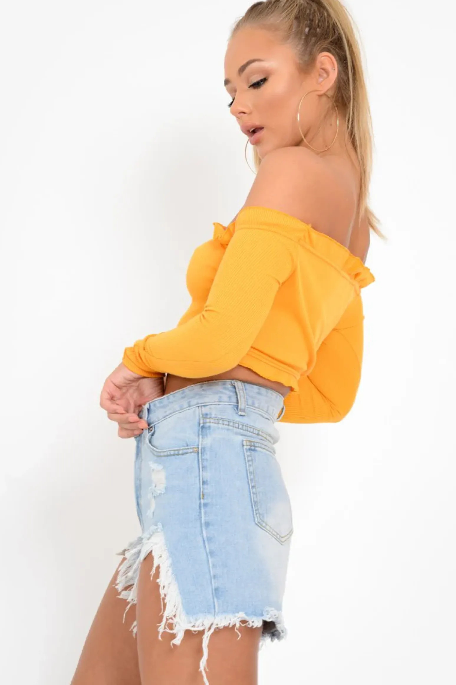 Rebellious Fashion Mustard Ribbed Frill Bardot Crop Top - Cassidy