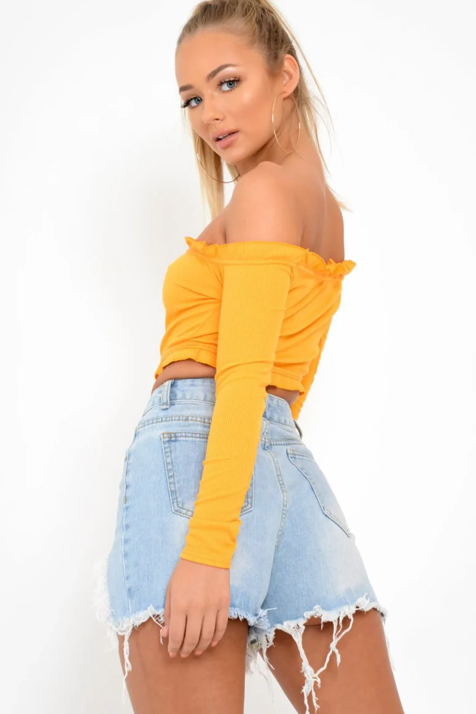 Rebellious Fashion Mustard Ribbed Frill Bardot Crop Top - Cassidy