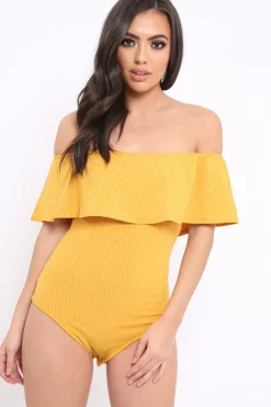 Rebellious Fashion Mustard Ribbed Frill Bodysuit - Charl
