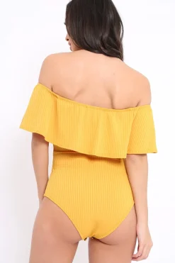 Rebellious Fashion Mustard Ribbed Frill Bodysuit - Charl