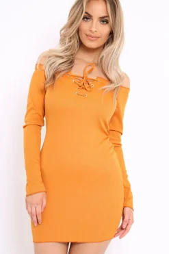 Rebellious Fashion Mustard Ribbed Lace Up Front Mini Dress - Gracey