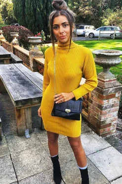 Rebellious Fashion Mustard Rib Bodycon Turtle Neck Mini Dress - Tesia