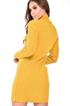 Rebellious Fashion Mustard Rib Bodycon Turtle Neck Mini Dress - Tesia