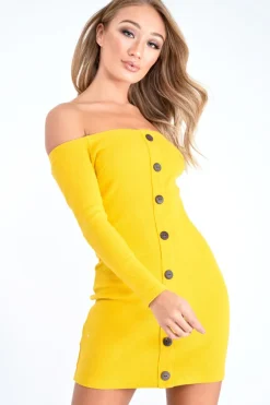 Rebellious Fashion Mustard Rib Button Down Mini Dress - Lorenna