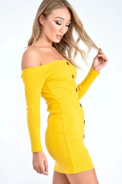 Rebellious Fashion Mustard Rib Button Down Mini Dress - Lorenna
