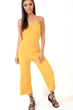 Rebellious Fashion Mustard Rib Halterneck Button Front Jumpsuit - Calirose