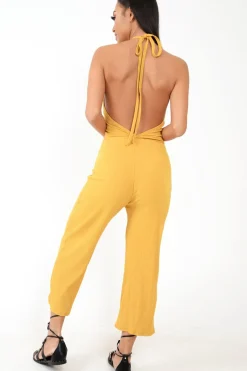Rebellious Fashion Mustard Rib Halterneck Button Front Jumpsuit - Calirose