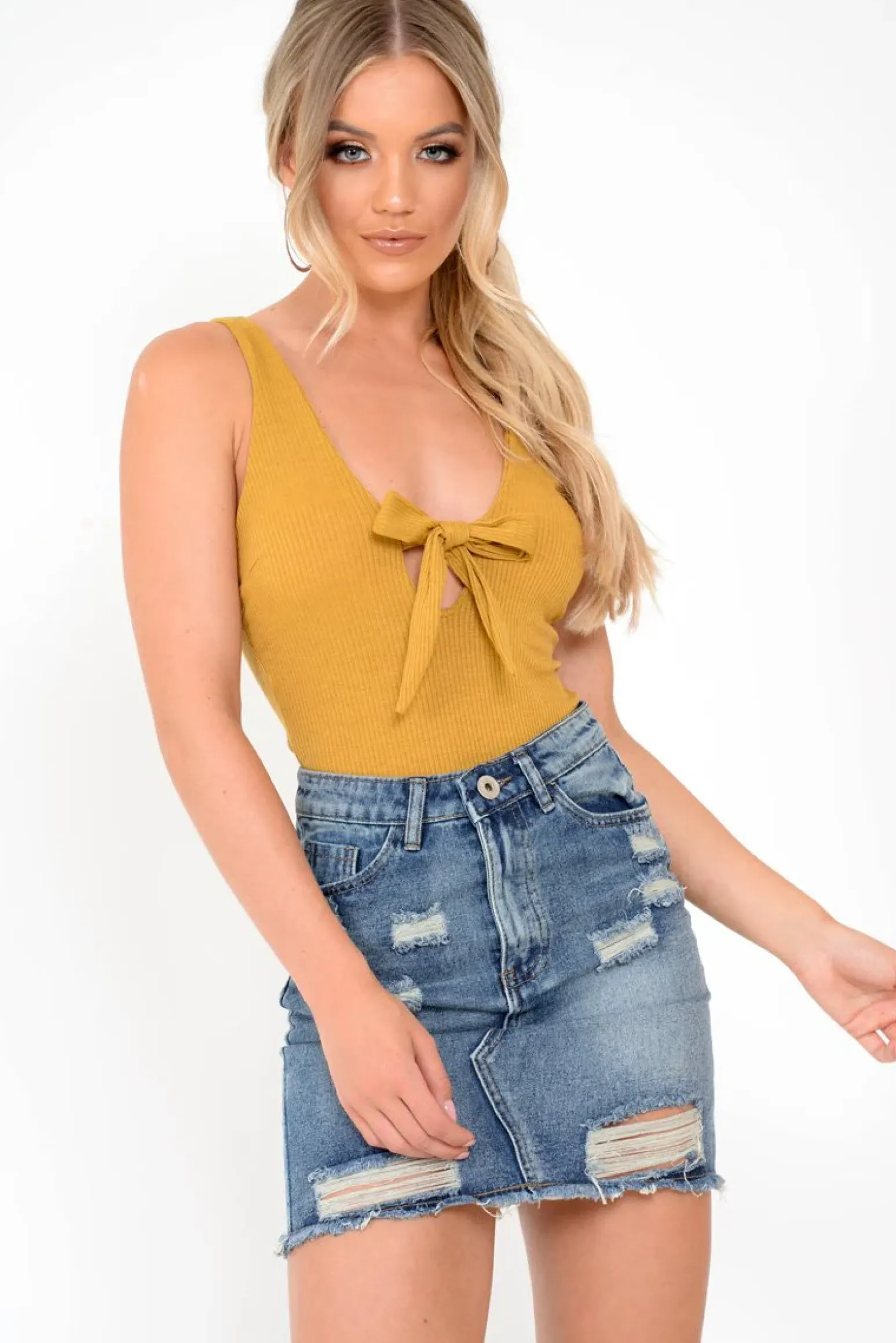 Rebellious Fashion Mustard Rib Plunge Tie Front Bodysuit - Ryver
