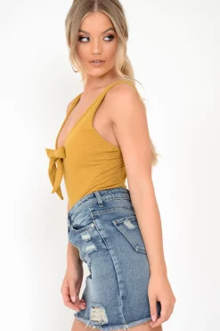 Rebellious Fashion Mustard Rib Plunge Tie Front Bodysuit - Ryver