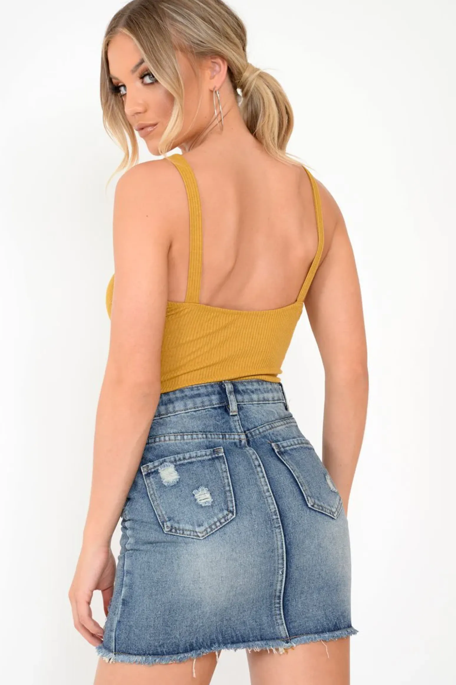 Rebellious Fashion Mustard Rib Plunge Tie Front Bodysuit - Ryver