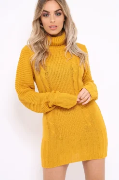 Rebellious Fashion Mustard Roll Neck Chunky Knit Jumper Dress - Hydie