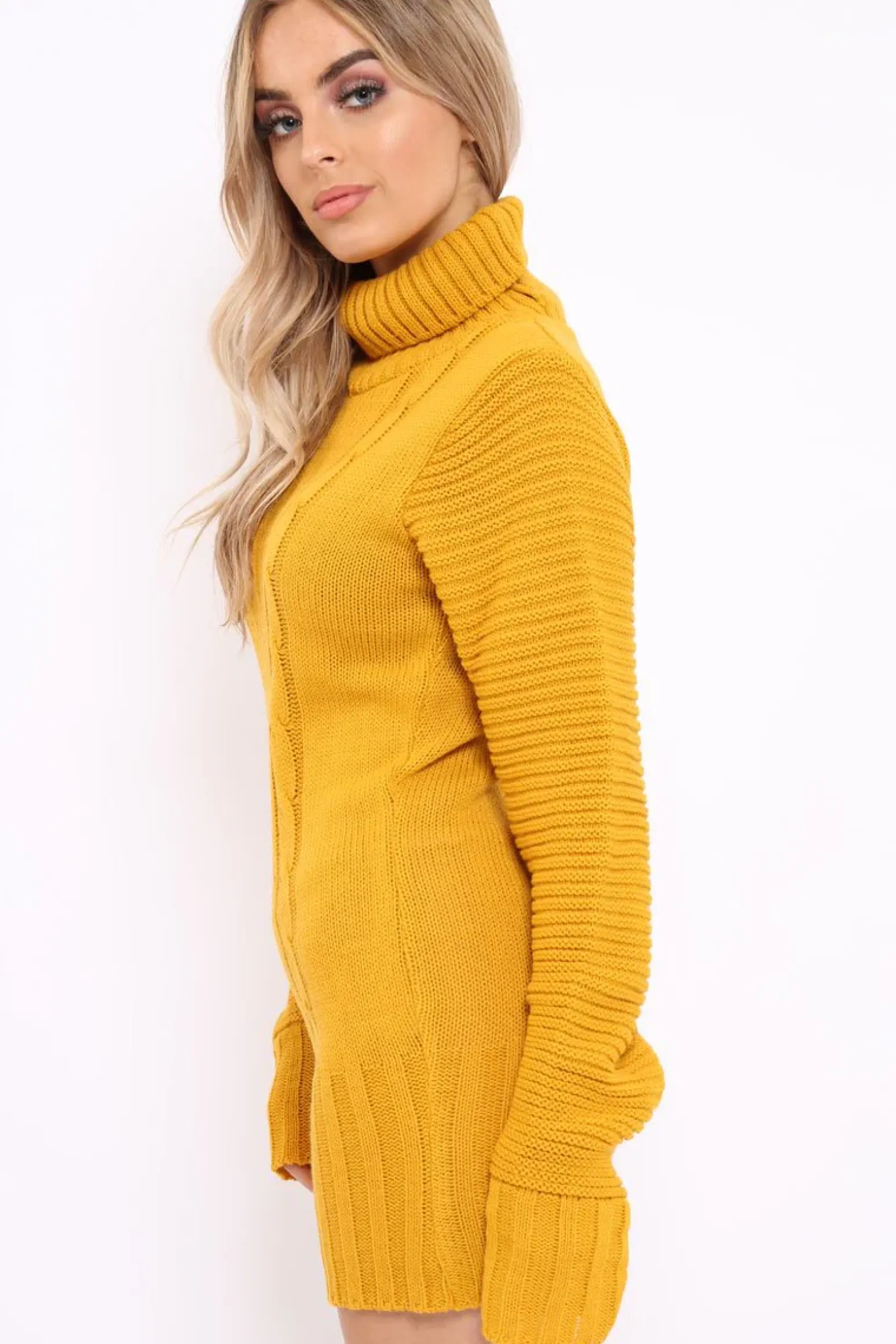 Rebellious Fashion Mustard Roll Neck Chunky Knit Jumper Dress - Hydie