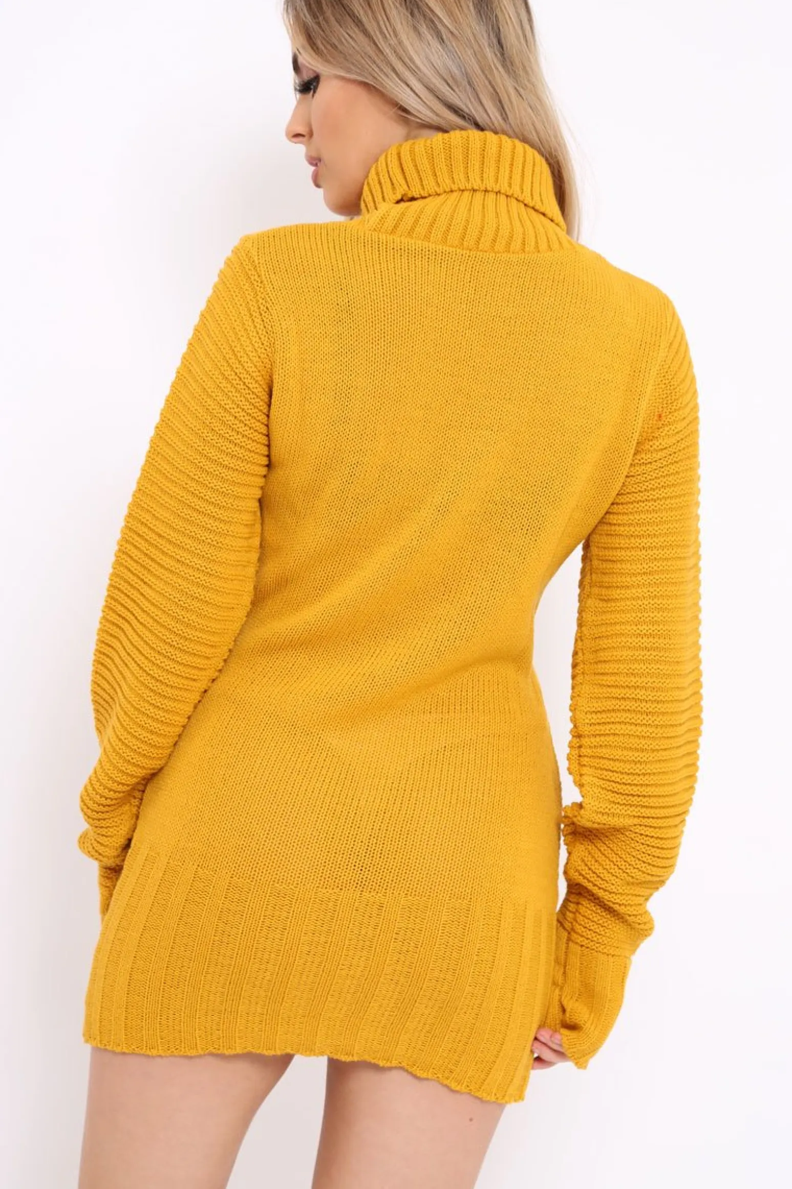 Rebellious Fashion Mustard Roll Neck Chunky Knit Jumper Dress - Hydie