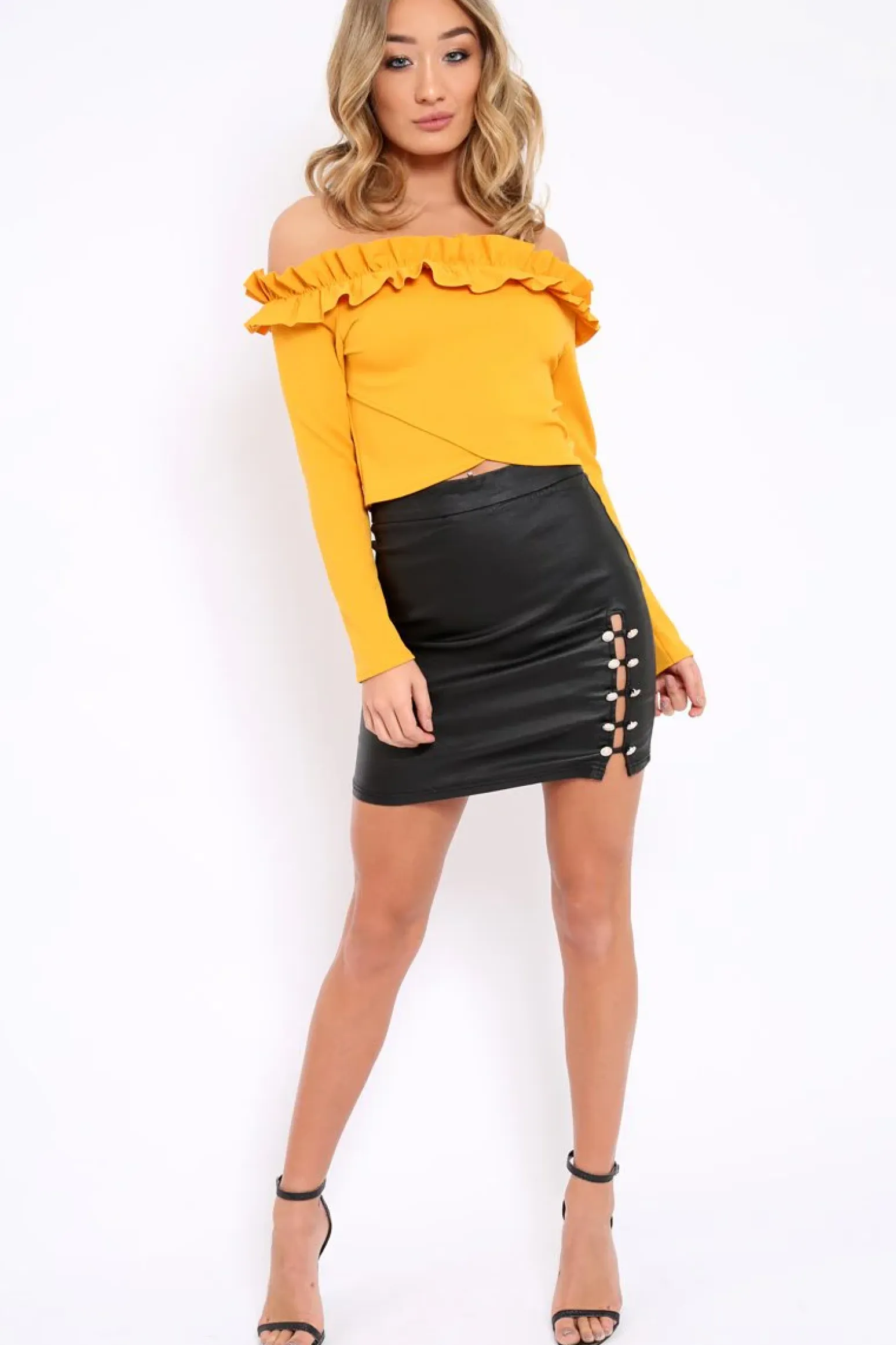 Rebellious Fashion Mustard Ruffle Bardot Crop Top - Milly