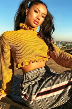 Rebellious Fashion Mustard Ruffle Hem Chunky Knit Crop Jumper - Alannah