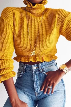 Rebellious Fashion Mustard Ruffle Hem Chunky Knit Crop Jumper - Alannah