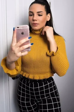 Rebellious Fashion Mustard Ruffle Hem Chunky Knit Crop Jumper - Alannah