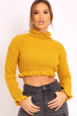 Rebellious Fashion Mustard Ruffle Hem Chunky Knit Crop Jumper - Alannah