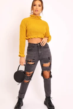 Rebellious Fashion Mustard Ruffle Hem Chunky Knit Crop Jumper - Alannah