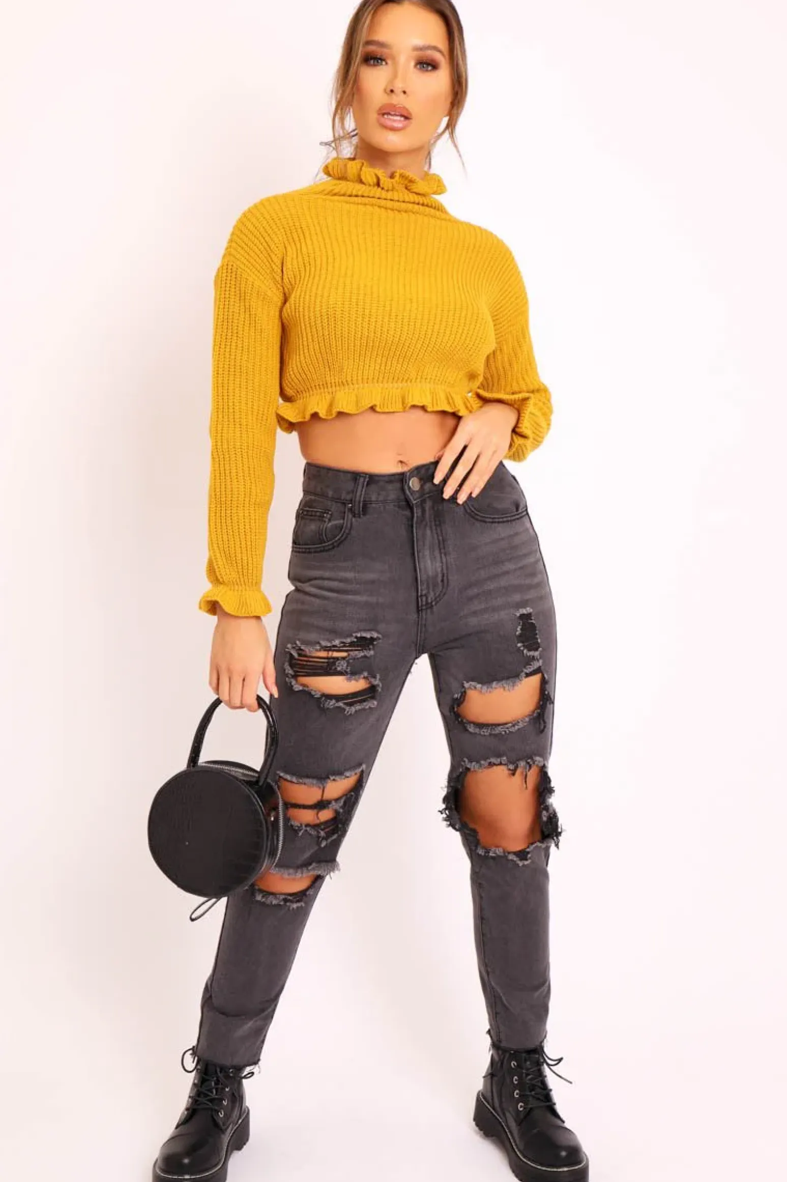Rebellious Fashion Mustard Ruffle Hem Chunky Knit Crop Jumper - Alannah