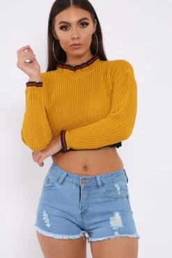 Rebellious Fashion Mustard Ruffle Hem With Stripe Trim Chunky Knit Crop Jumper - Alannah