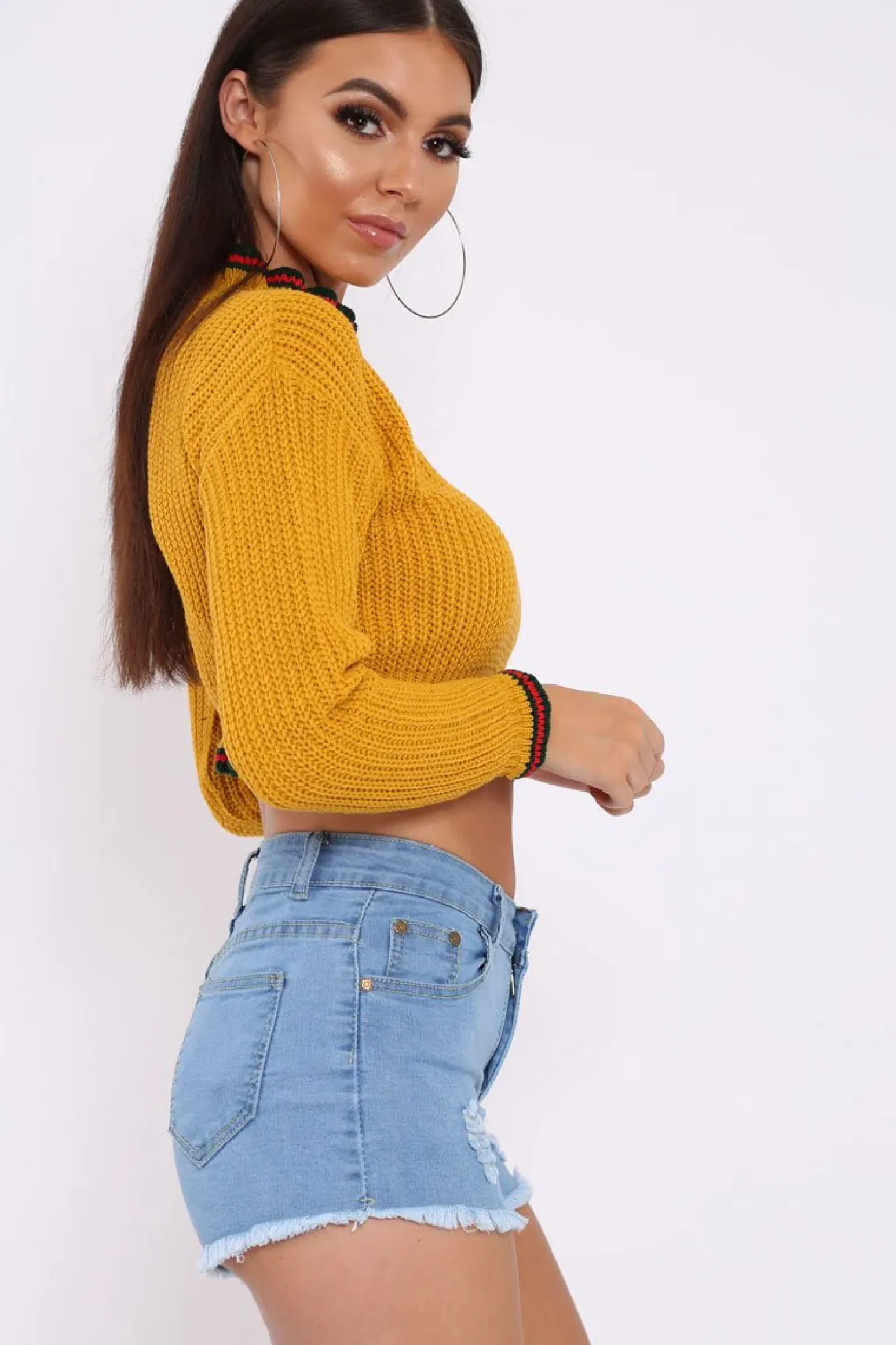 Rebellious Fashion Mustard Ruffle Hem With Stripe Trim Chunky Knit Crop Jumper - Alannah