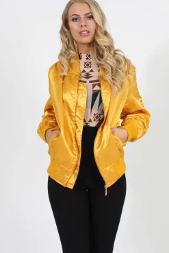 Rebellious Fashion Mustard Satin Bomber Jacket - Neve