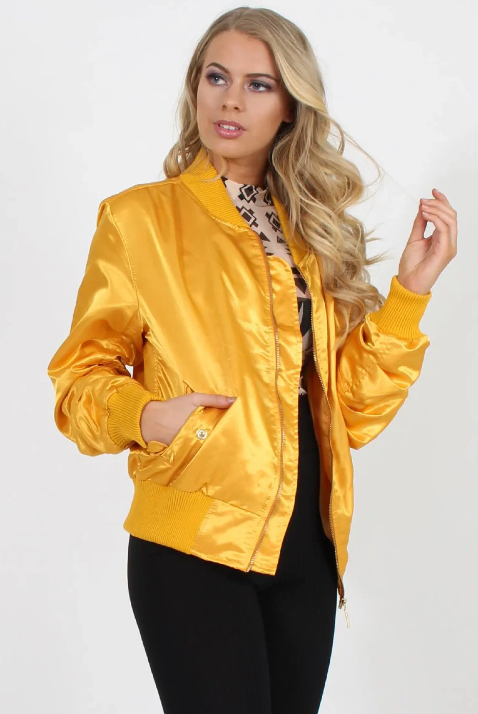Rebellious Fashion Mustard Satin Bomber Jacket - Neve