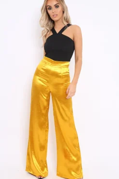 Rebellious Fashion Mustard Satin High Waist Flare Trousers -Tisha
