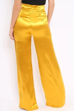 Rebellious Fashion Mustard Satin High Waist Flare Trousers -Tisha