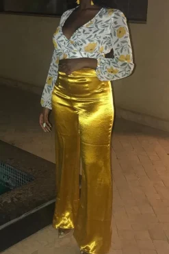 Rebellious Fashion Mustard Satin High Waist Flare Trousers -Tisha