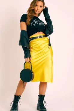 Rebellious Fashion Mustard Satin High Waist Floaty Midi Skirt - Dasha