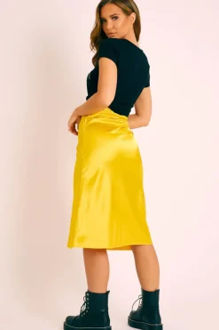 Rebellious Fashion Mustard Satin High Waist Floaty Midi Skirt - Dasha