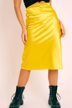 Rebellious Fashion Mustard Satin High Waist Floaty Midi Skirt - Dasha