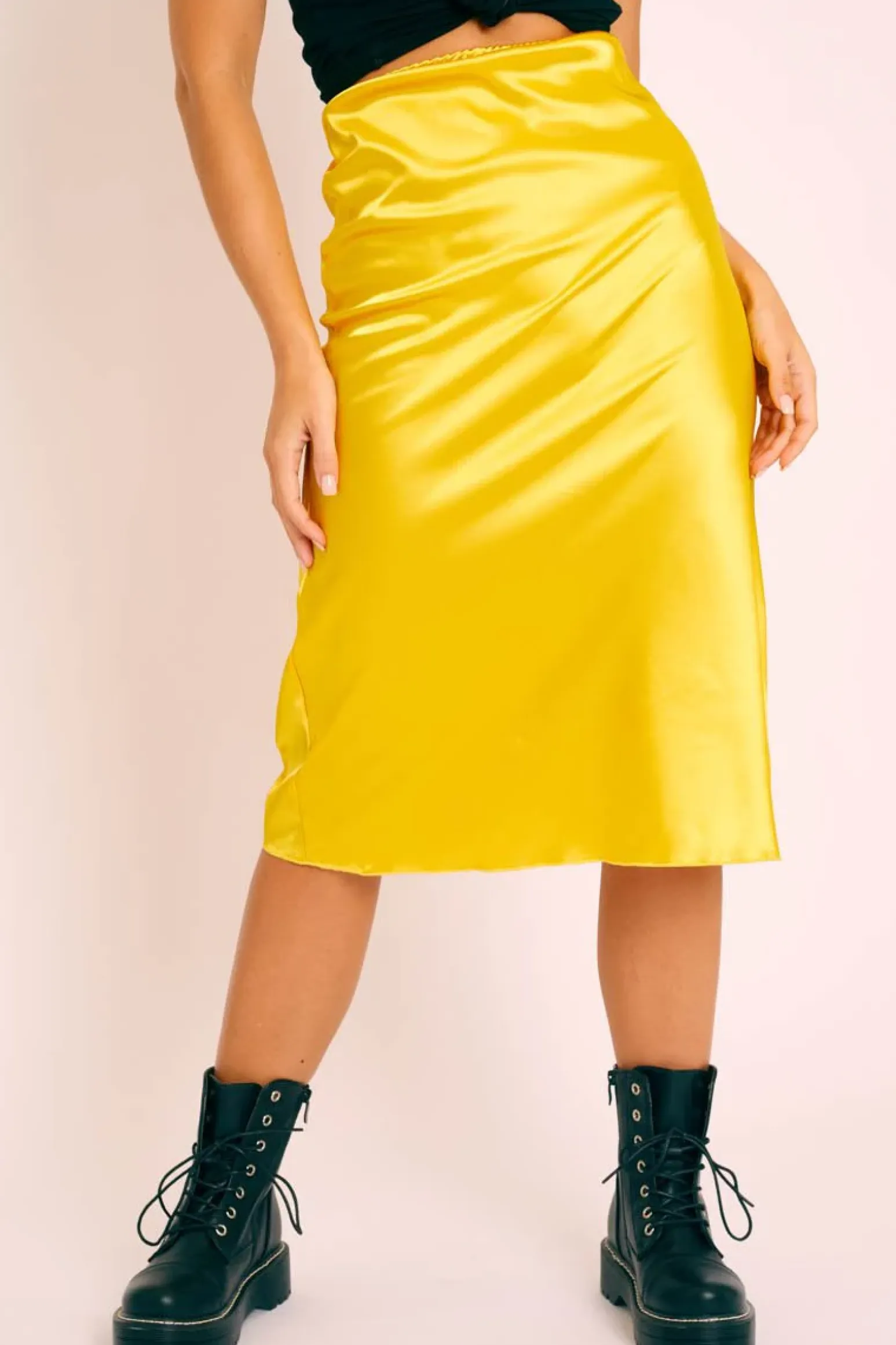 Rebellious Fashion Mustard Satin High Waist Floaty Midi Skirt - Dasha