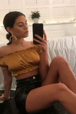 Rebellious Fashion Mustard Satin Ruched Bardot Gypsy Crop Top - Becky