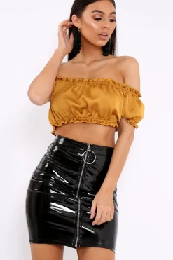 Rebellious Fashion Mustard Satin Ruched Bardot Gypsy Crop Top - Becky