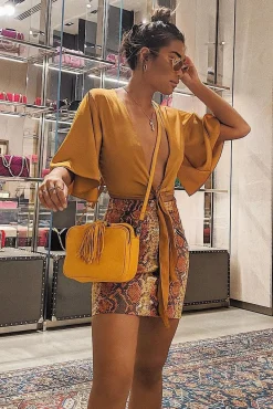 Rebellious Fashion Mustard Satin Tie Crop Top - Alara