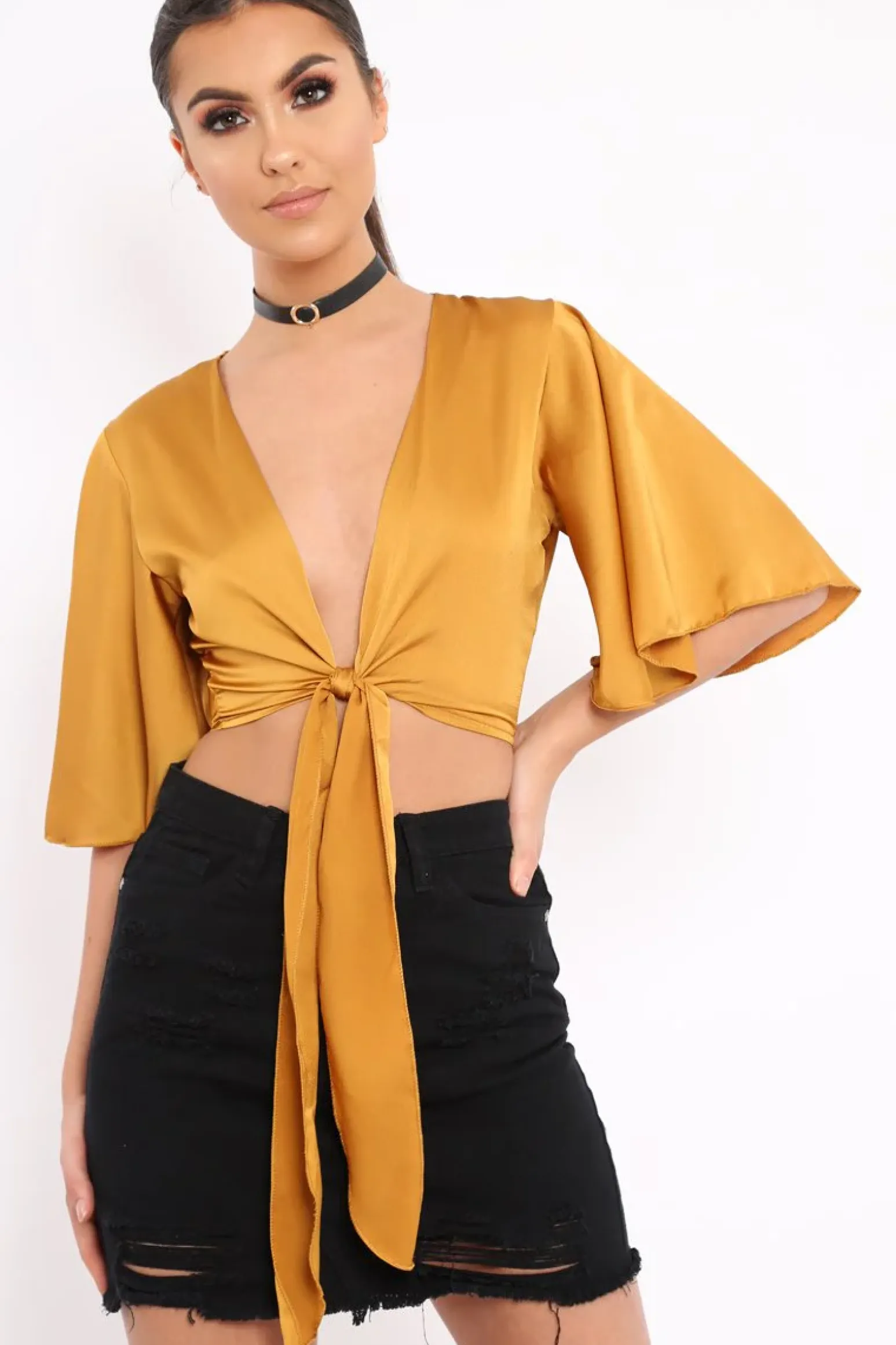 Rebellious Fashion Mustard Satin Tie Crop Top - Alara