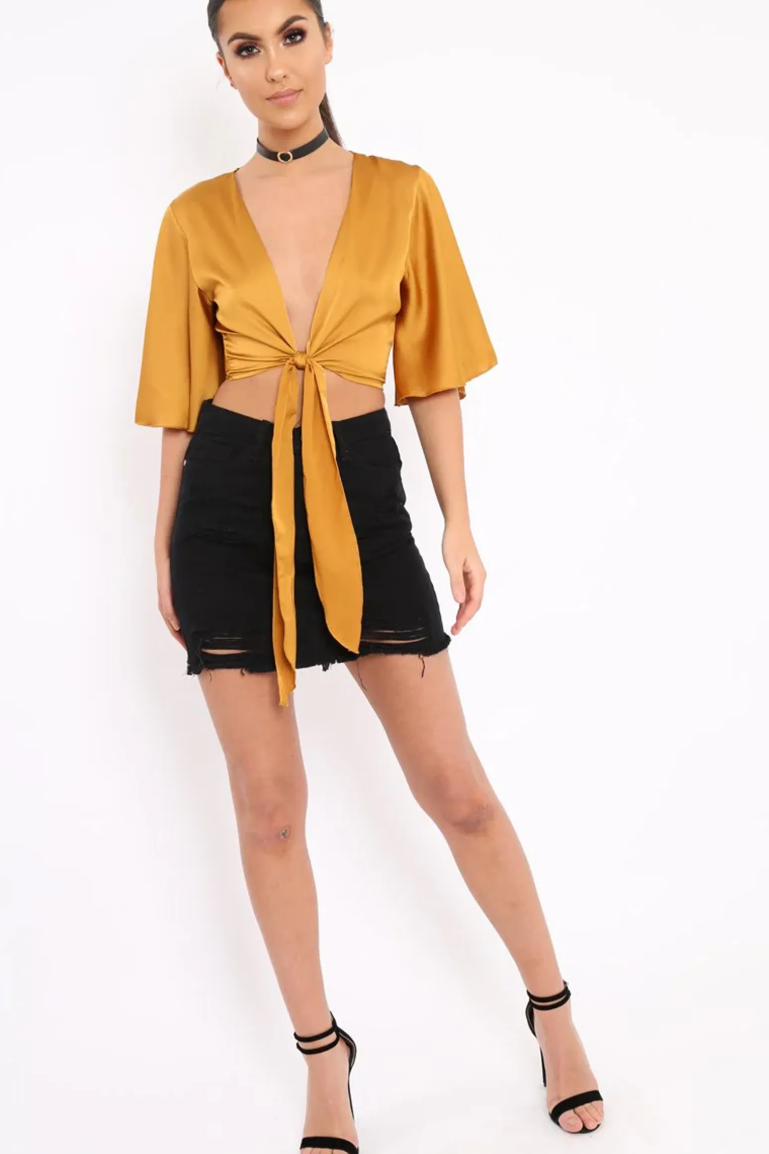 Rebellious Fashion Mustard Satin Tie Crop Top - Alara