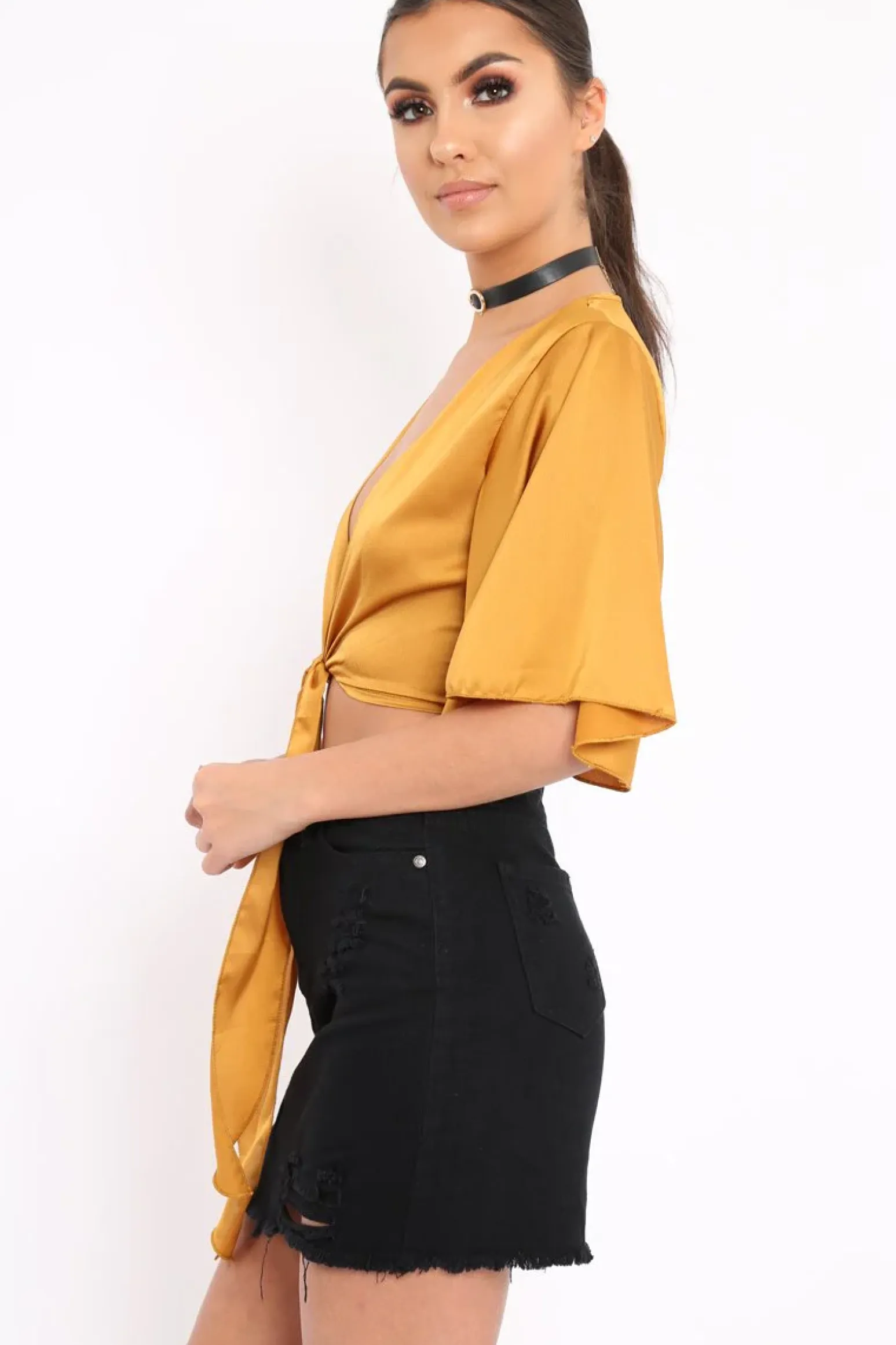 Rebellious Fashion Mustard Satin Tie Crop Top - Alara