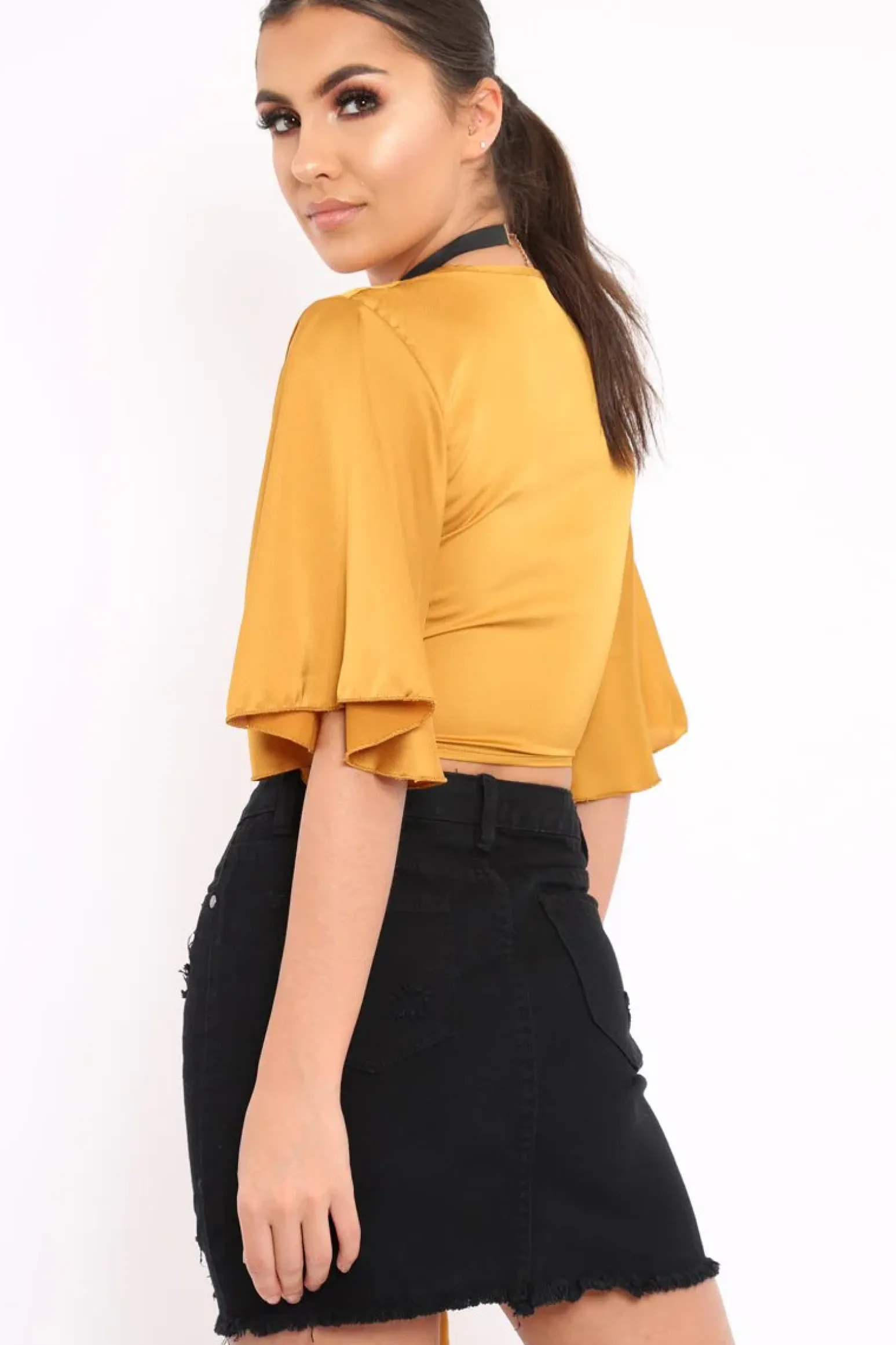 Rebellious Fashion Mustard Satin Tie Crop Top - Alara