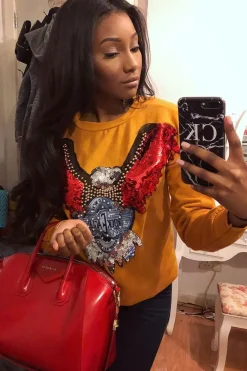Rebellious Fashion Mustard Sequin Embellished Rock Eagle Slogan Sweatshirt - Zaria